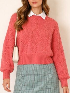 FRNCH Paris Julia Sweater Pink Cable Knit V-Neck Cutout Balloon Sleeve Top XS